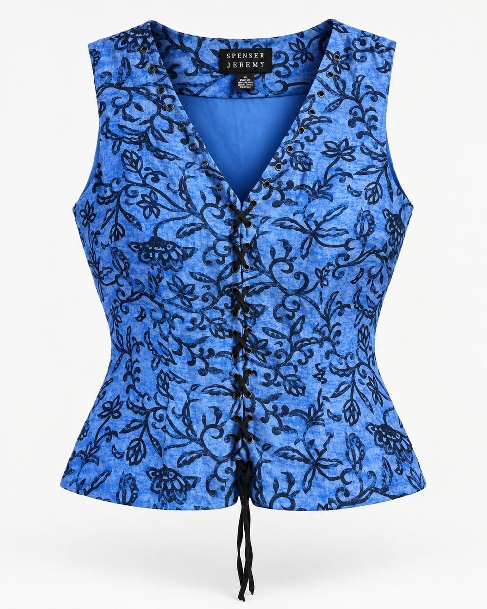 Spenser Jeremy Womens 100% Silk Blouse Blue Floral Lace Up Y2K Vintage M
